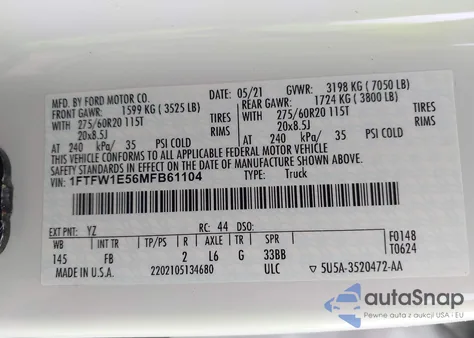 2021 Ford F-150 Xlt from USA, damaged, VIN 1FTFW1E56MFB61104